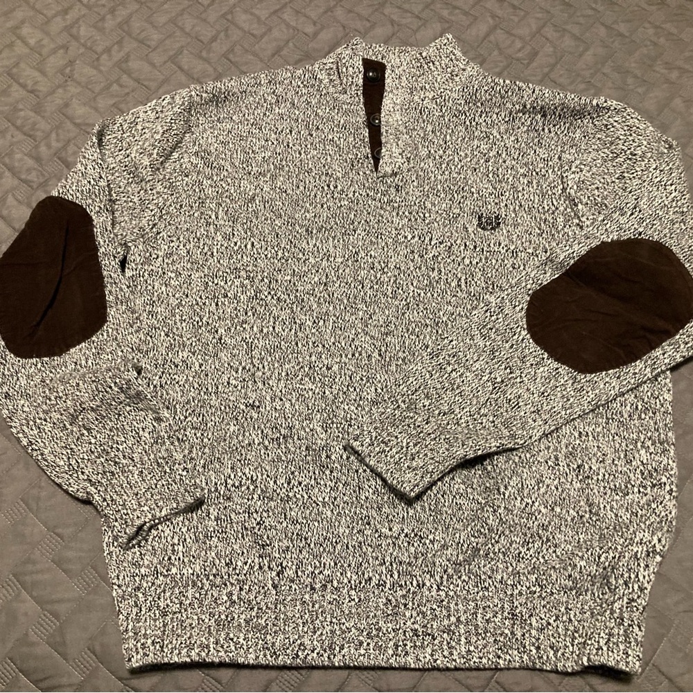 Chaps mens black-white cotton rag sweater with suede elbow patches and placket.